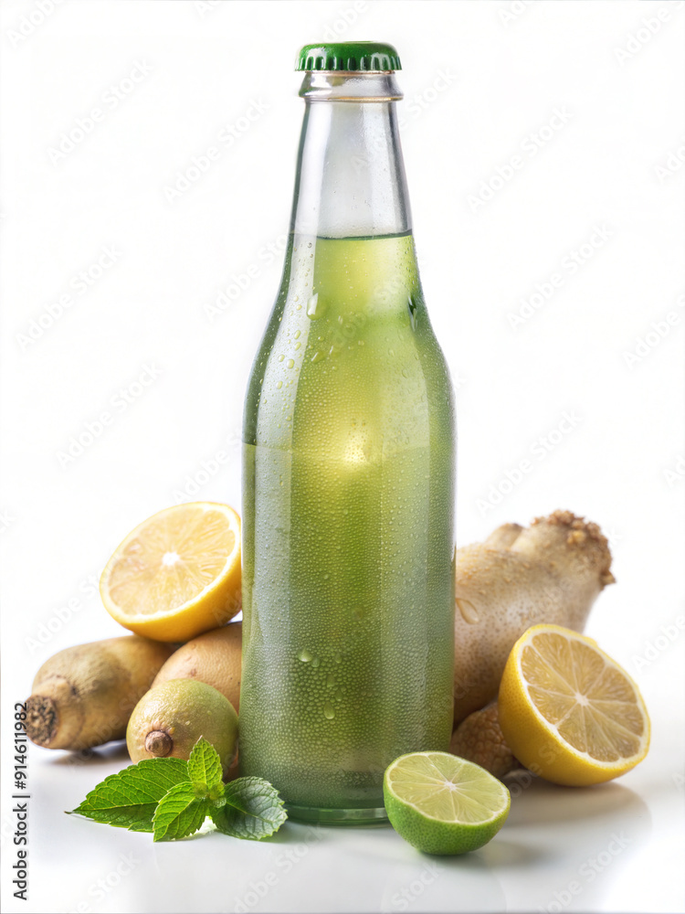 Ginger Beer in Glass Bottle with Fresh Lime and Ginger on Rustic Green Background Ginger Beer in Glass Bottle with Fresh Lime and Ginger on Rustic Green Background