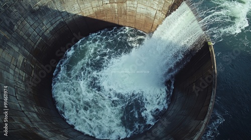 3d animation of a large dam with water flowing down the stone cliffs photo