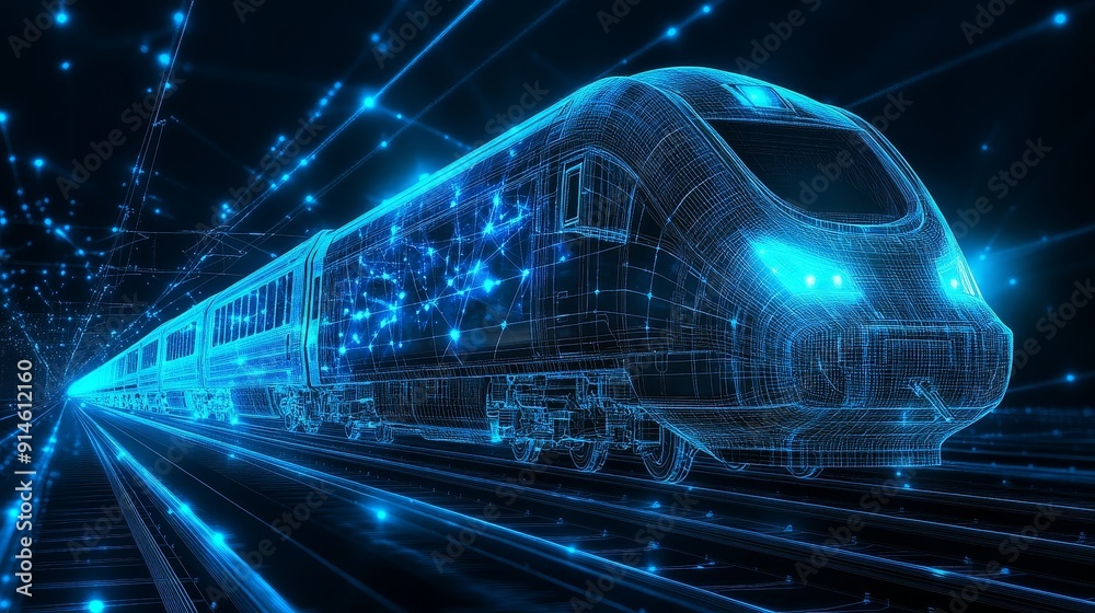 3d animation of a futuristic high speed train on a dark railway
