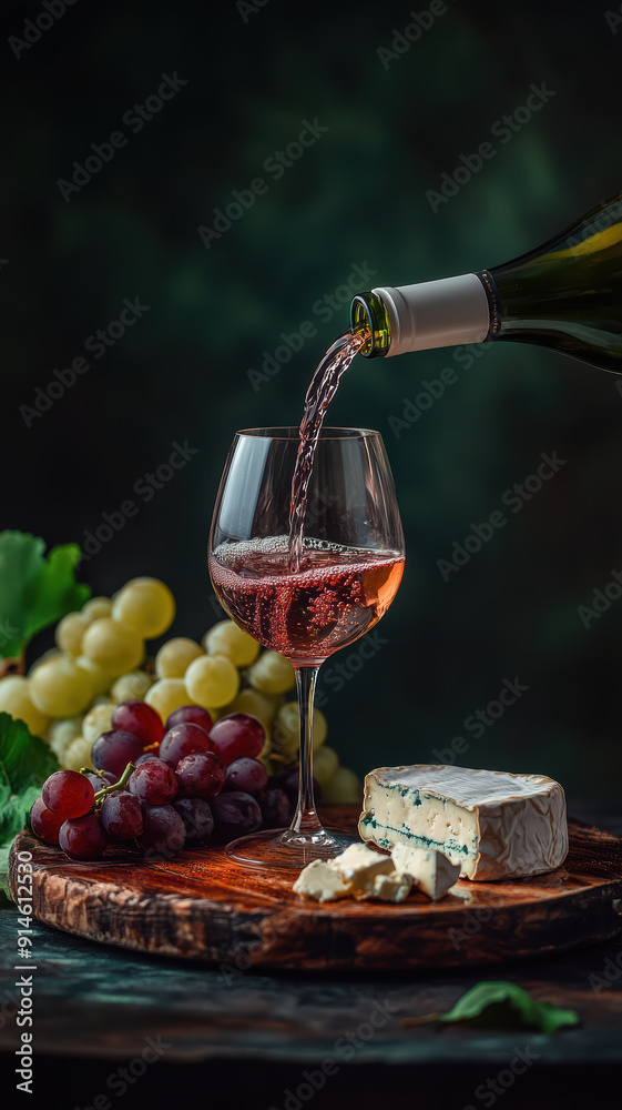 Obraz premium close up of wine being poured into a glass with cheese and grapes