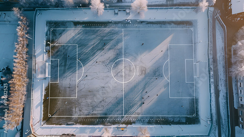 A soccer field with a few snow patches on the grass