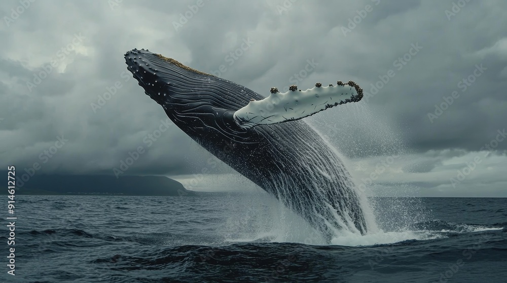 Fototapeta premium 3d animation of a whale jumping out of the water against a cloudy sky