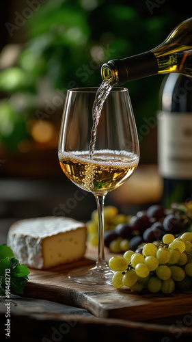 wine, cheese, and grapes on a wooden table