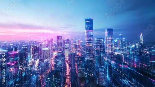 3d animation of a night metropolis with bright lights and skyscrapers at sunset