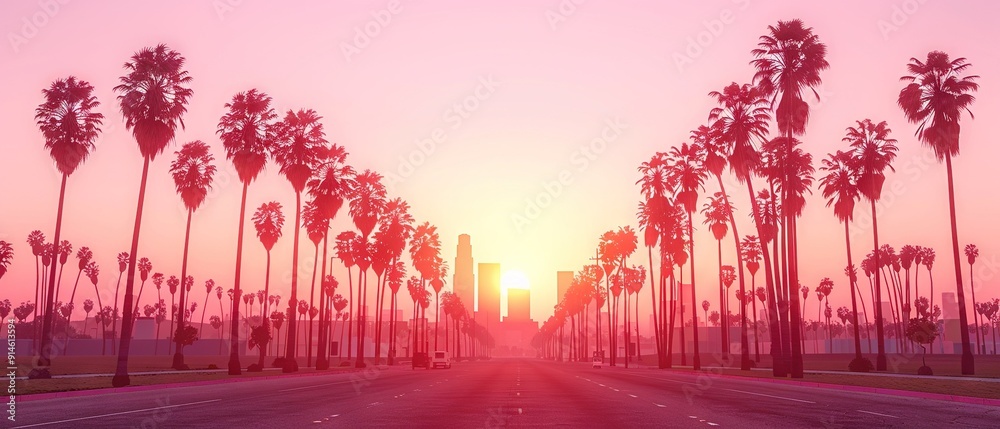 A city with tall buildings and palm trees lined on a street facing the sunset in the distance A city with tall buildings and palm trees lined on a street facing the sunset in the distance