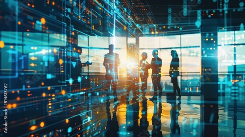 Wallpaper Mural Silhouettes of Businesspeople in a Modern Office with a Digital Overlay Torontodigital.ca