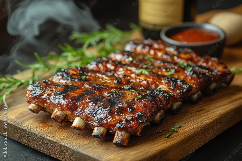 Barbecue Ribs with Sauce on Wooden Board, Dark Background with Smoke and Bottle of Wine, Food Photography, Real Photo
Barbecue Ribs with Sauce on Wooden Board, Dark Background with Smoke and Bottle of Wine, Food Photography, Real Photo