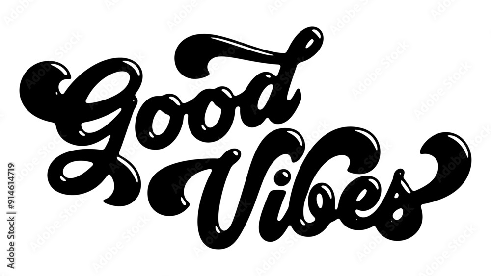 Words ‘Good Vibes’ written in stylized retro bubble script lettering Words ‘Good Vibes’ written in stylized retro bubble script lettering