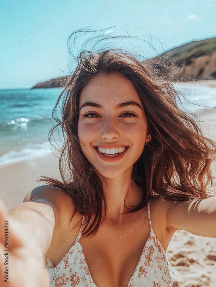 A woman captures a moment of relaxation on the beach while taking a selfie A woman captures a moment of relaxation on the beach while taking a selfie