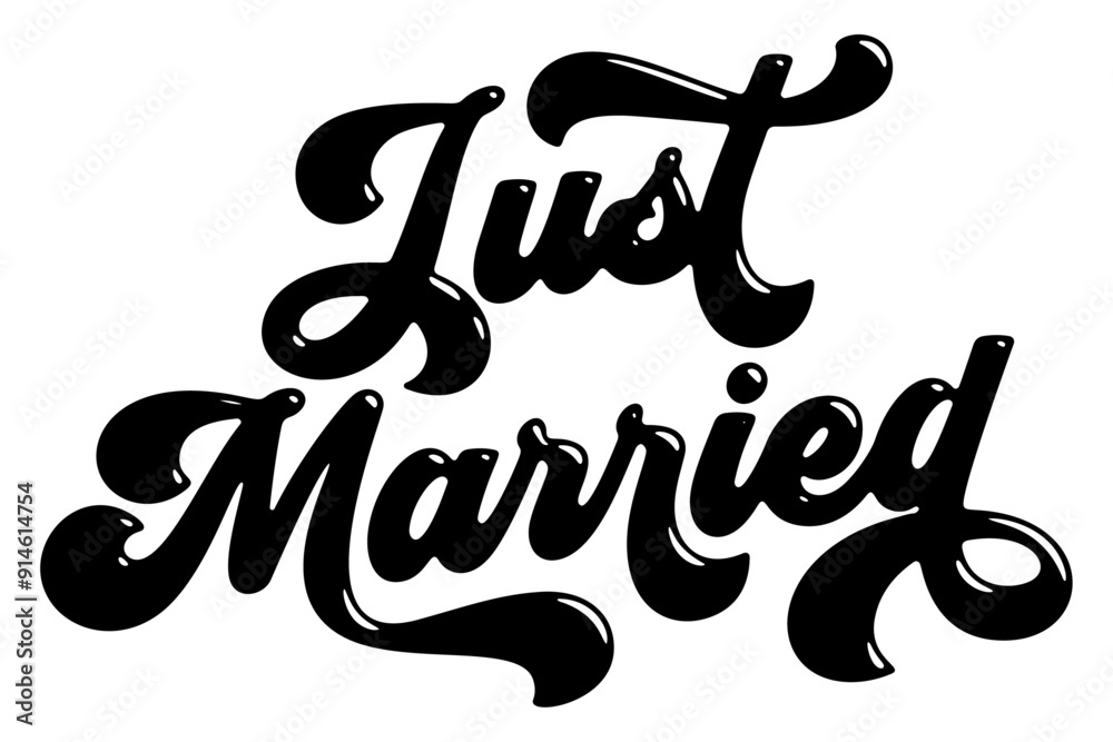 Words ‘Just Married’ written in stylized retro bubble script lettering Words ‘Just Married’ written in stylized retro bubble script lettering