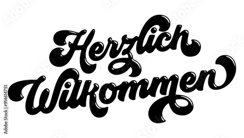 German words ‘Herzlich Wilkommen’ written in stylized retro bubble script lettering