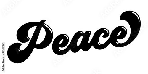 Word ‘Peace’ written in stylized retro bubble script lettering