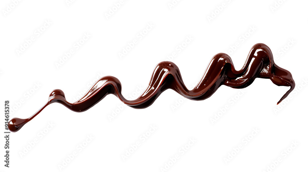A glossy, rich swirl of melted dark chocolate, smoothly flowing with drops forming a delicate, artistic pattern on transparent png background A glossy, rich swirl of melted dark chocolate, smoothly flowing with drops forming a delicate, artistic pattern on transparent png background