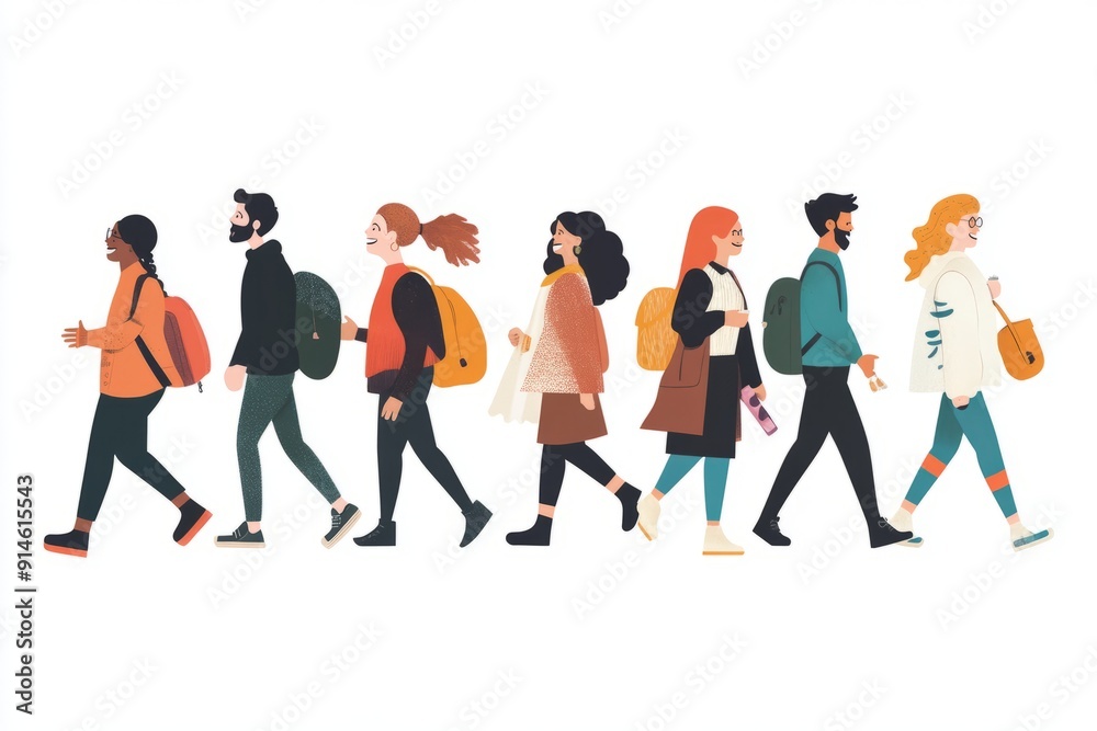 Group of diverse people of ethnicity walking together in harmony, inclusion, togetherness, diversity