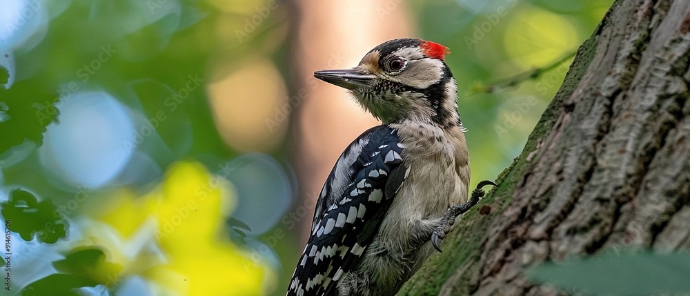 Naklejka premium A bird with a red head perches on a tree branch in a wooded area with green leaves and a blue sky background