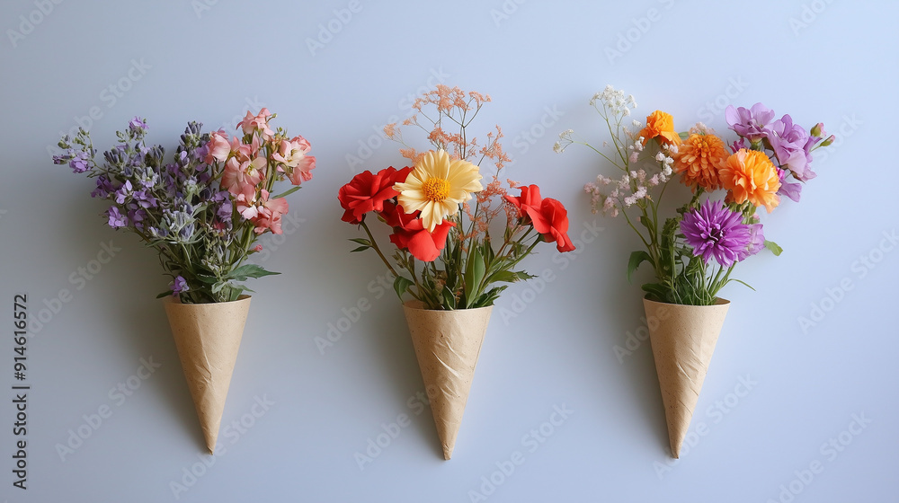 Flower Cones on Wall. Five paper cones filled with assorted flowers pinned to a wall, presenting a creative and decorative floral display. Flower Cones on Wall. Five paper cones filled with assorted flowers pinned to a wall, presenting a creative and decorative floral display.