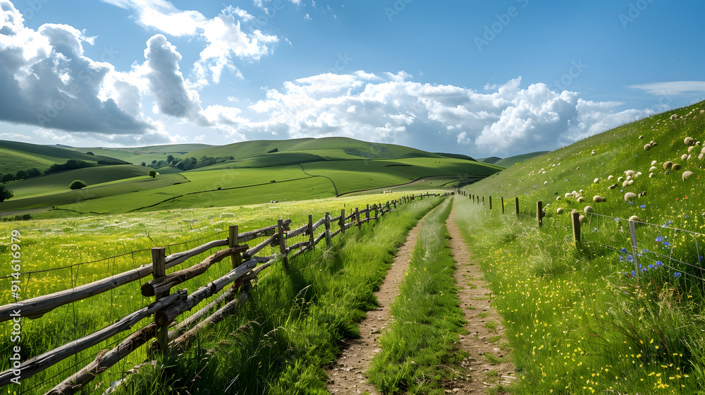 Naklejka premium Rolling green hills under a clear blue sky with fluffy clouds, dotted with grazing sheep and wildflowers. A wooden fence and a dirt path leading through the landscape.