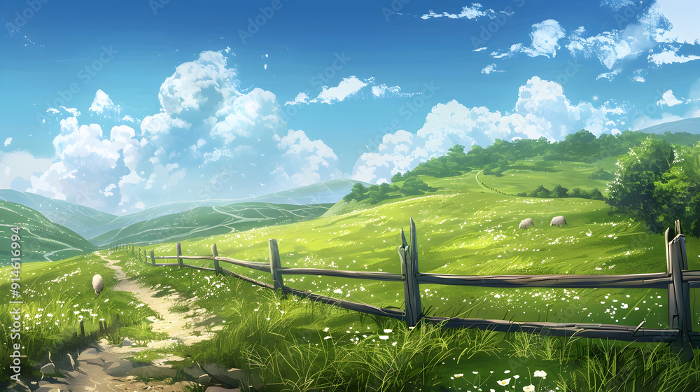 Rolling green hills under a clear blue sky with fluffy clouds, dotted ...