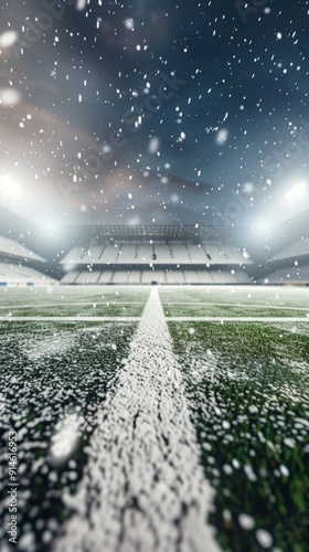 A soccer field covered in snow with a goal in the background. Scene is cold and serene photo