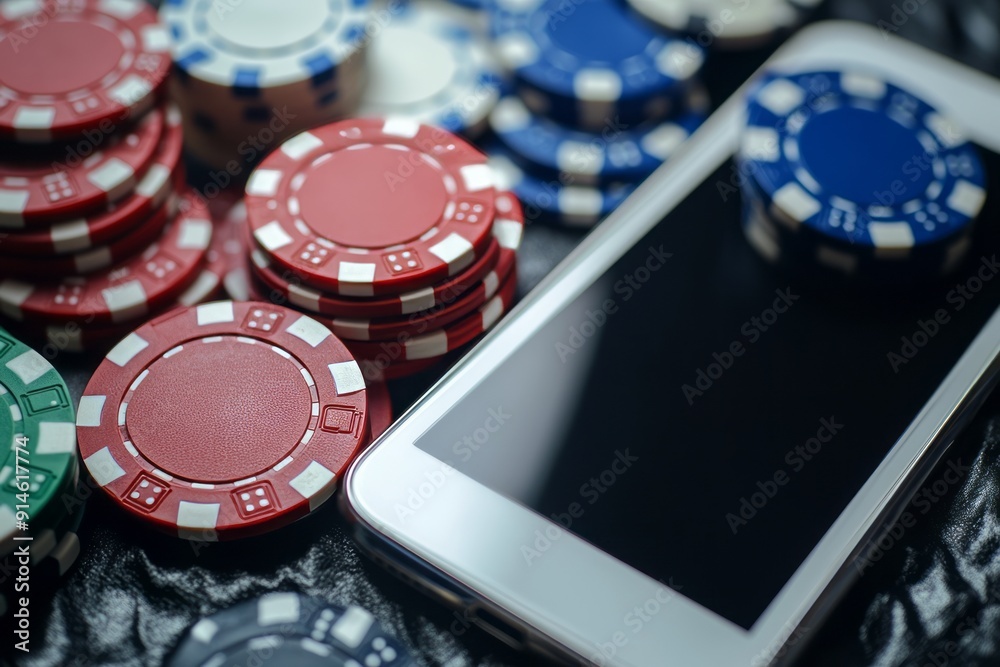Phone with casino chips ,illustrating online gambling, virtual gambling Phone with casino chips ,illustrating online gambling, virtual gambling