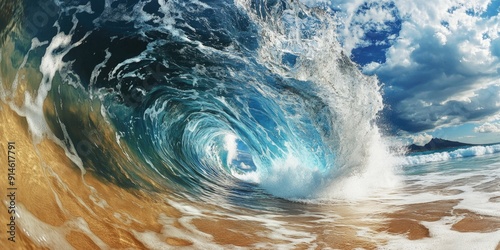 A powerful wave crashes onto the shore of a sandy beach, with foamy water and seagulls flying overhead photo