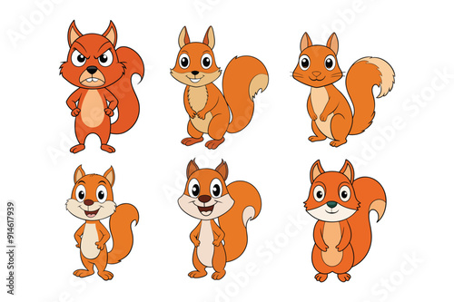 Squirrel smiling face standing in different poses cartoon character set, Vector illustration. photo