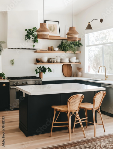 Modern Farmhouse Kitchen with Natural Wood Island, Rattan Chairs, and Boho Decor - Bright and Airy Interior Design