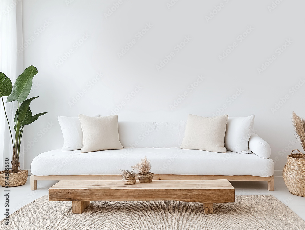Minimalist Living Room with White Sofa and Natural Wood Coffee Table - Modern Scandinavian Decor Minimalist Living Room with White Sofa and Natural Wood Coffee Table - Modern Scandinavian Decor