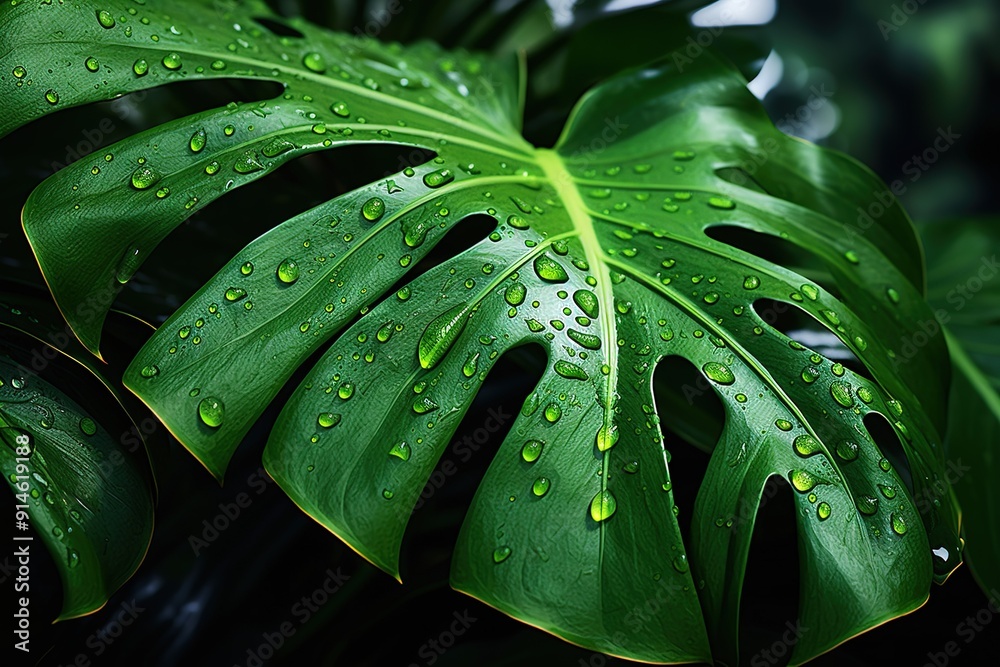 Fototapeta premium A macro shot of a giant emerald foliage with droplets adorning its blades against a dark backdrop