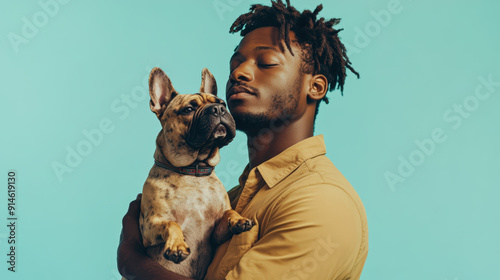 A man is holding a dog and smiling photo