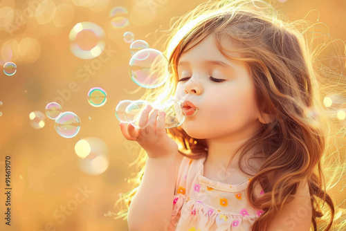 Cute little girl blowing soap bubbles on a sunny autumn day