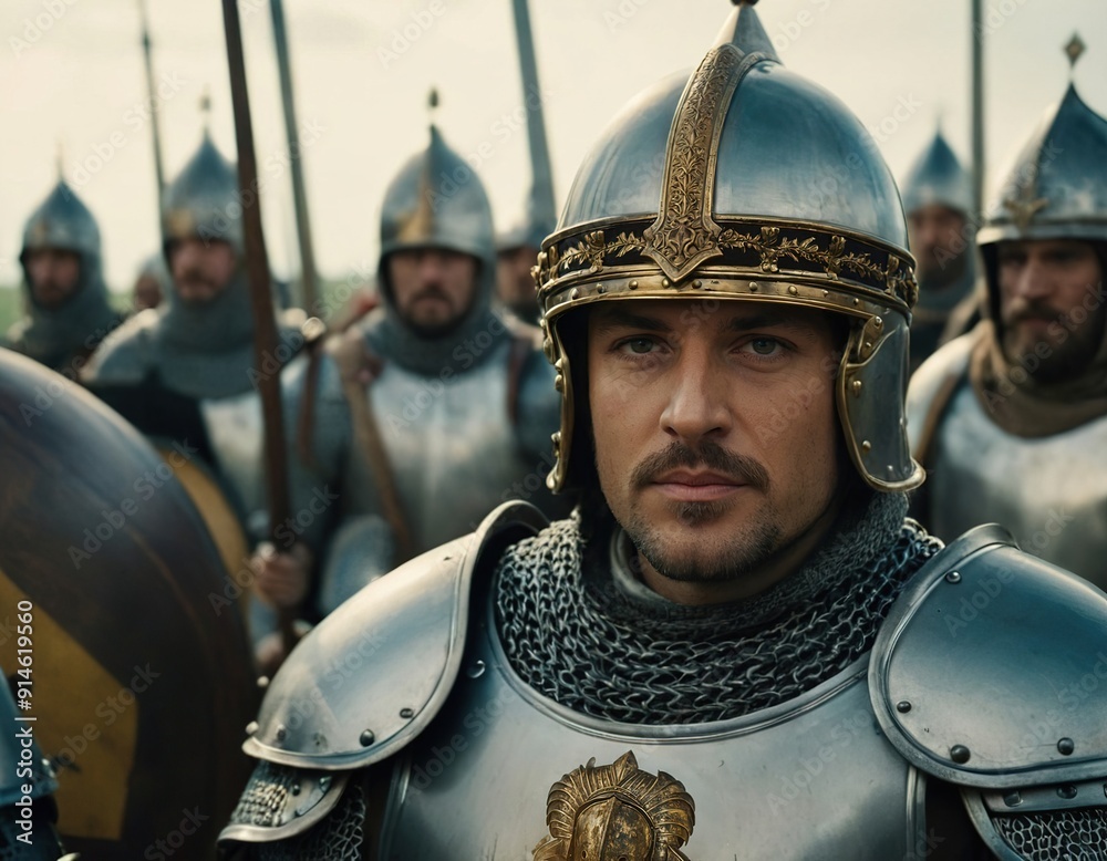 Knight in shining armor stands ready for battle surrounded by fellow soldiers on a historical battlefield Knight in shining armor stands ready for battle surrounded by fellow soldiers on a historical battlefield