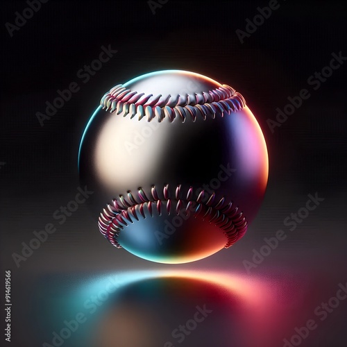 Chromatic Metal Baseball with Colorful Iridescence Gradient Reflections on Black Background