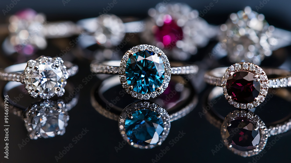 a collection of jewelry, mainly rings, displayed on a black surface. The centerpiece is a ring with a large, round central gemstone surrounded by smaller stones, likely diamonds a collection of jewelry, mainly rings, displayed on a black surface. The centerpiece is a ring with a large, round central gemstone surrounded by smaller stones, likely diamonds