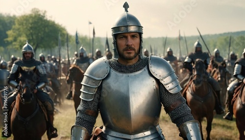 Knight in shining armor stands ready for battle surrounded by fellow soldiers on a historical battlefield