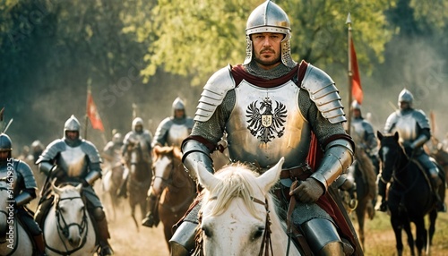A mounted knight in armor commands a group of soldiers.
