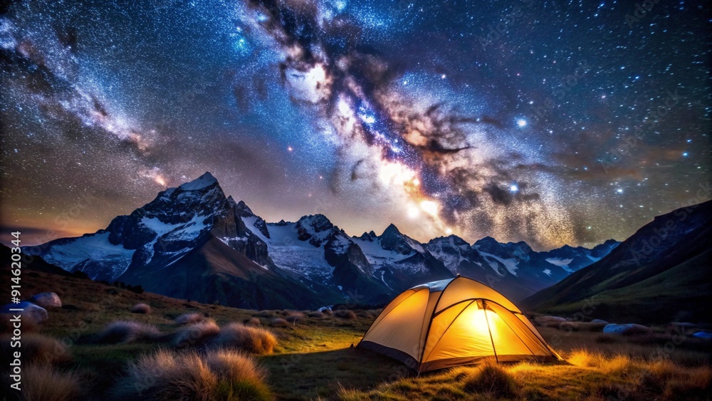 Camping in the wilderness. A pitched tent under the glowing night sky stars of the milky way with snowy mountains in the background. Nature landscape photo composite.