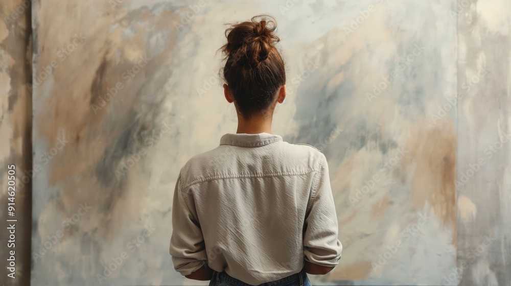 Obraz premium Pensive female painter standing in front of a blank canvas