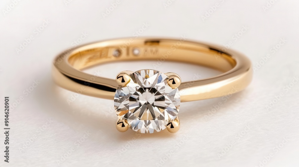 A gold ring with a single diamond placed on a plain white background A gold ring with a single diamond placed on a plain white background