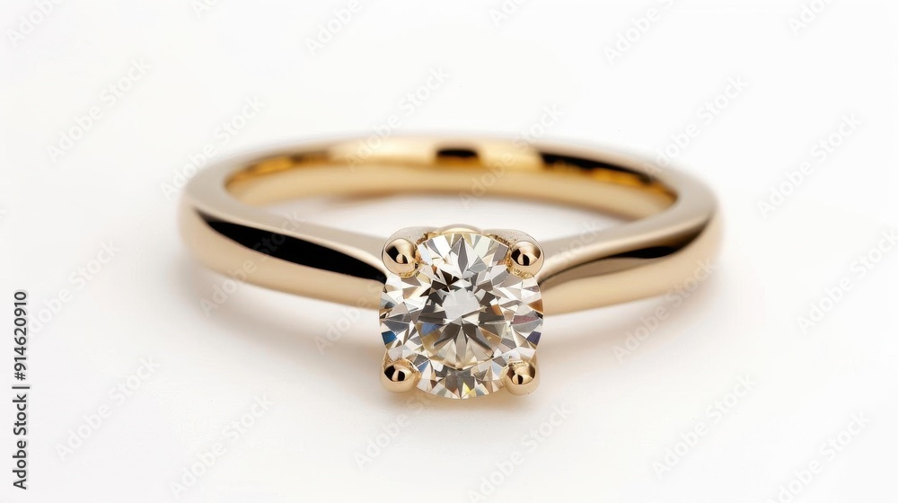 A gold ring with a single diamond placed on a plain white background A gold ring with a single diamond placed on a plain white background