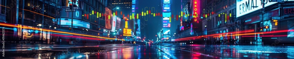 A captivating frontal view of financial trends visualized through glowing urban graphs