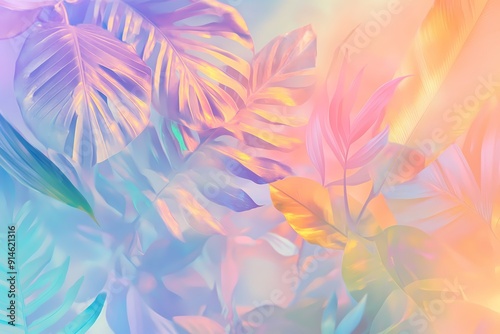 soft pastel gradient background with holographic palm leaves and tropical flowers, banner, summer time and relax concept