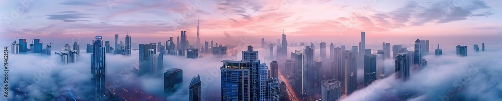High-angle view of a mystical cityscape enveloped in surreal fog High-angle view of a mystical cityscape enveloped in surreal fog