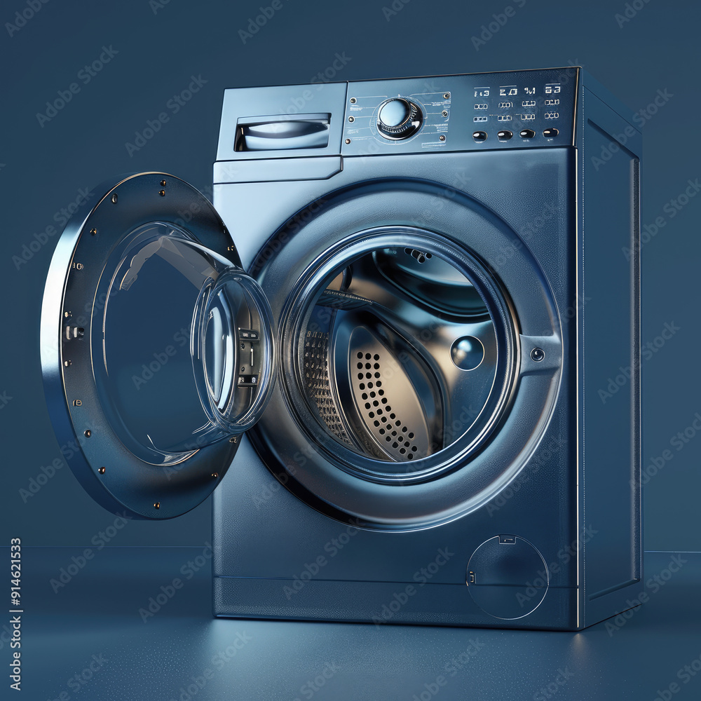 Modern washing machine standing with open door on blue background Modern washing machine standing with open door on blue background