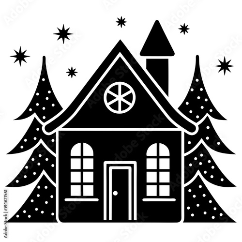 Line Art Christmas Home Silhouette Vector Illustration in White Background | Outline Black Silhouette Holiday Vector Design