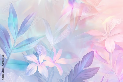 soft pastel gradient background with holographic palm leaves and tropical flowers, banner, summer time and relax concept