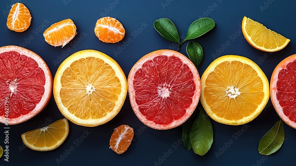 Oranges, grapefruits arranged in row on blue surface Oranges, grapefruits arranged in row on blue surface