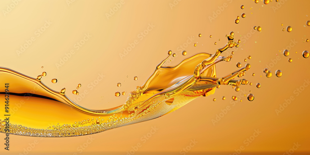 Golden liquid splashing and forming beautiful shapes on gradient background