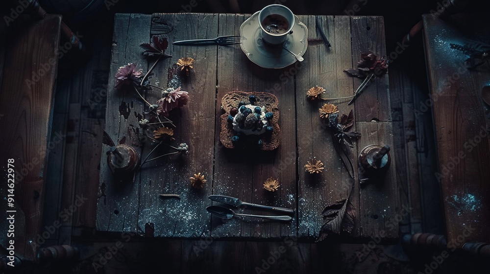 A wooden table, topped with a cake frosted in white, sits beside a steaming cup of coffee and a teapot A wooden table, topped with a cake frosted in white, sits beside a steaming cup of coffee and a teapot