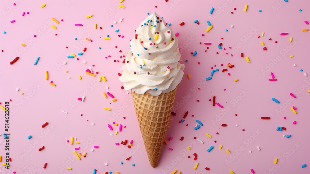 Ice cream cone on colorful background from above. Ice cream cone on colorful background from above.